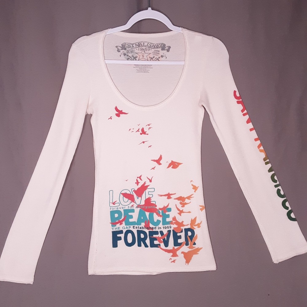 💎Gap Graphic Tee Shirt Waffle Knit Ivory Long Sleeve Size Small